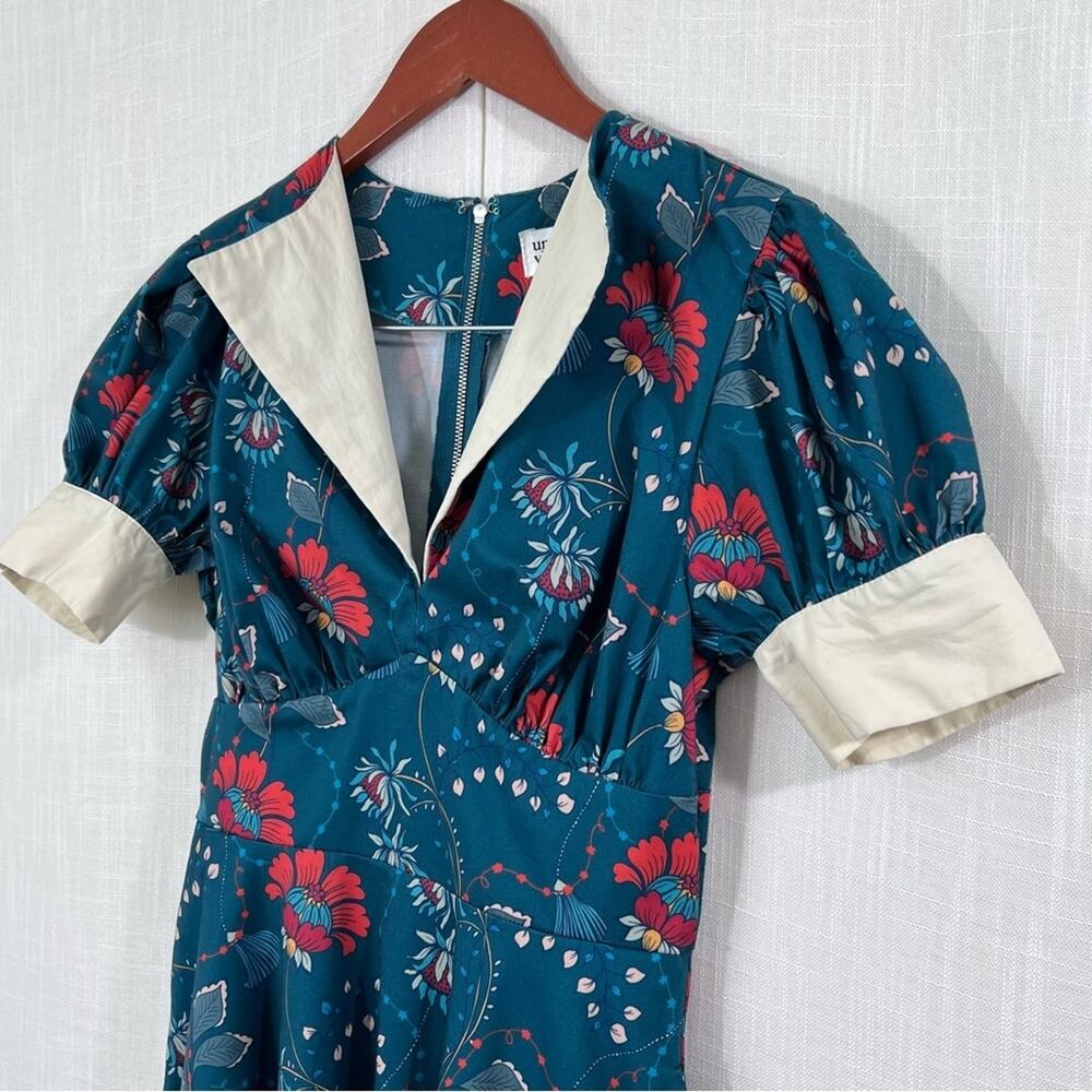 Teal Floral Swing Dress with Contrast Collar - Picture 7 of 16